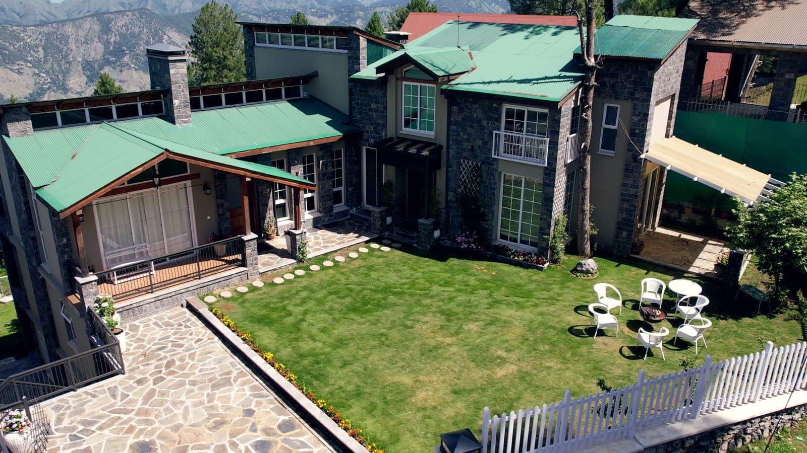 The cottages and lawn from above